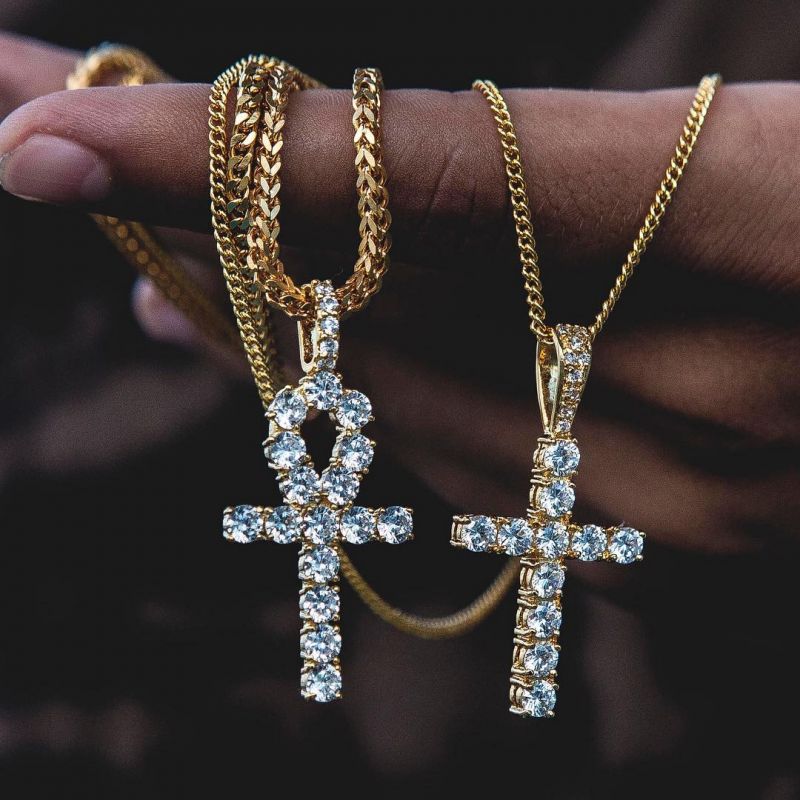 Helloice Iced Cross&Ankh Pendant Set in Gold