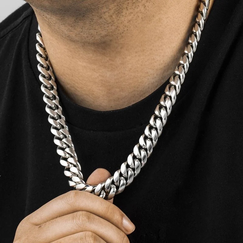 Stainless Steel Cuban Link Chain in White Gold
