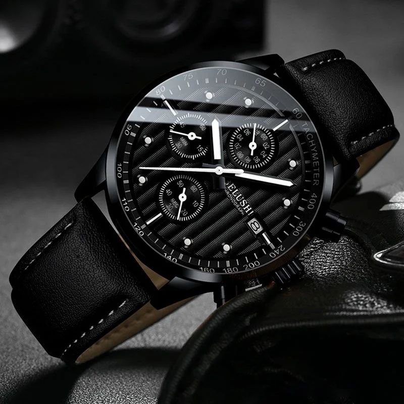 Black Dial Men's Watch with Black Leather Strap