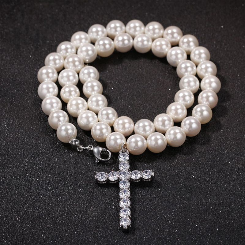 Helloice 8mm Men Pearl Necklace Cross Pendant
