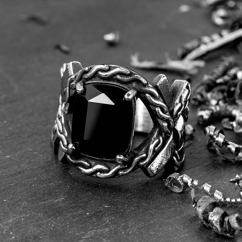 Iris Pattern Gem CZ Stainless Steel Ring in Black