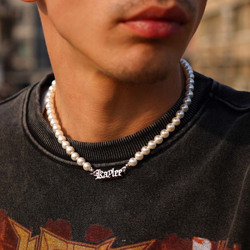 Helloice Custom Old English Name Necklace with 8mm Pearl Chain