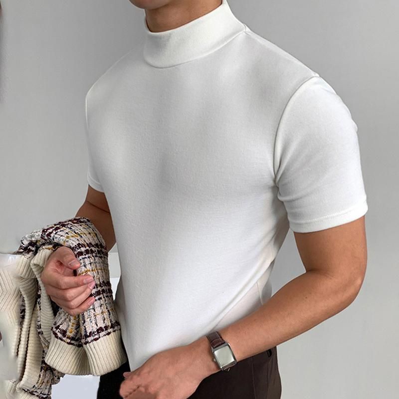 Helloice Men's fashion high collar solid color short sleeve T-shirt