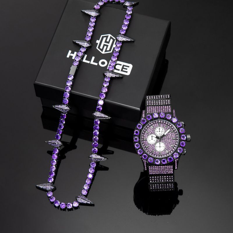 Helloice Iced Purple Round Cut Watch+5mm Tennis Chain Set in Black Gold