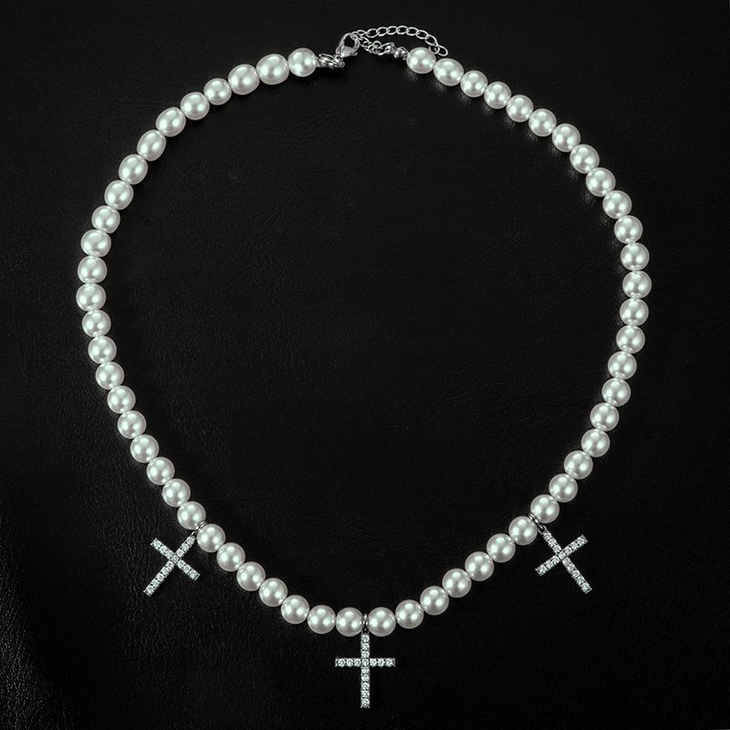 Helloice Iced Cross Pendant Pearl Necklace