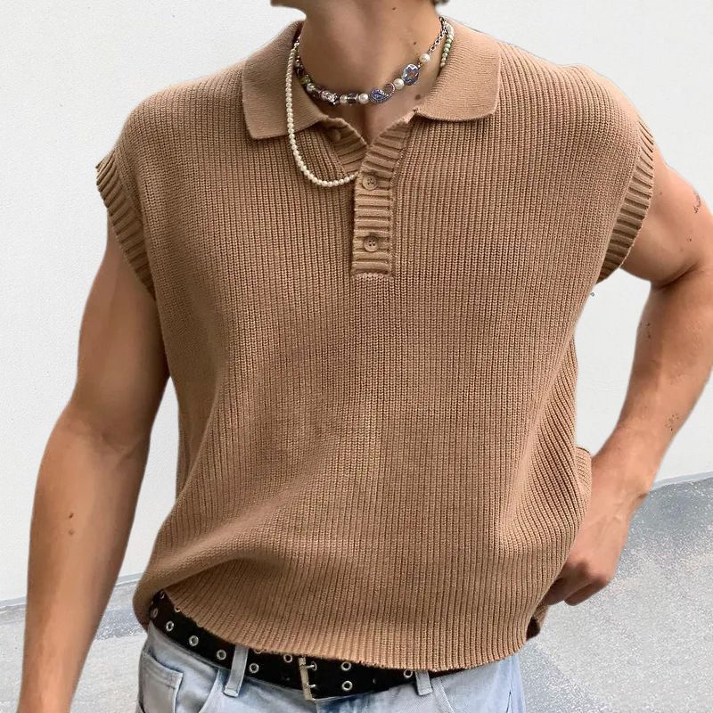 Helloice Solid Color Polo Collar Knitted Sleeveless T-shirt Vest